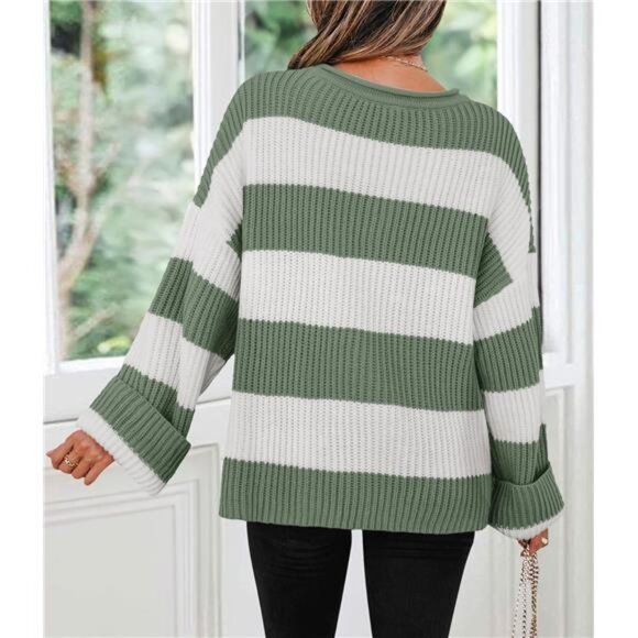 Striped Color Block Sweater – Oversized Fit, Flared Sleeves, Cozy Knit - Picture 3 of 4